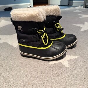 Sorel Kids Black and Neon Green Snow Boots